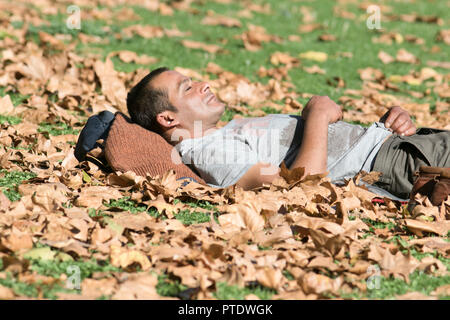 Londra REGNO UNITO. Il 9 ottobre 2018. Un uomo la cattura di un pisolino di pomeriggio di sole sul prato di parcheggio coperto con foglie di autunno a Saint James Park Credit: amer ghazzal/Alamy Live News Foto Stock