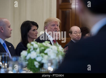 Il Presidente degli Stati Uniti, Donald Trump parla accanto al nostro Ambasciatore presso le Nazioni Unite Nikki Haley durante un pranzo di lavoro con gli ambasciatori del Consiglio di Sicurezza delle Nazioni Unite dello Stato sala da pranzo della casa bianca il 24 aprile 2017. Credito: Molly Riley / Pool via CNP - nessun filo SERVICE - foto: Molly Riley/consolidato Notizie Foto/Molly Riley - Piscina via CNP | Utilizzo di tutto il mondo Foto Stock