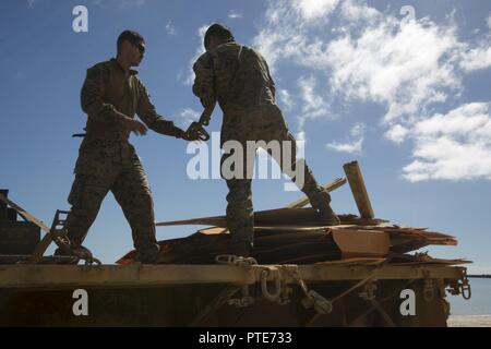 Marines con il combattimento il battaglione della logistica 31 scarico gli obiettivi di precisione di tiro dal retro di un 7-ton carrello su Townshend Isola, Shoalwater Bay Area Formazione, Queensland, Australia, durante l'esercizio talismano Saber 17, 16 luglio 2017. Marines con CLB-31 forniscono un sostegno essenziale per i Marines e marinai del trentunesimo Marine Expeditionary Unit mentre il supporto di talismano Saber 17. Il trentunesimo MEU sta prendendo parte in talismano Saber 17 mentre distribuito su una regolarmente pianificate pattuglia dei Indo-Asia-regione del Pacifico. Talismano Saber è un esercizio biennale progettata per migliorare l'interoperabilità tra l'Australia Foto Stock