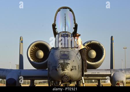 Un manutentore dal 447th Expeditionary Manutenzione aeromobili squadrone prepara Lt. Col. Ben Rudolphi, 407 Expeditionary supporto funzionamento comandante dello squadrone, per il volo in un A-10 Thunderbolt II Luglio 11, 2017, a Incirlik Air Base, Turchia. Rudolphi ha fornito un duplice ruolo nel funzionamento inerenti risolvere come il comandante del 407 EOSS nel sud-ovest Asia ed essendo direttamente nella lotta contro ISIS conducendo un-10 missioni di volo con il 447th aria gruppo Expeditionary.la A-10 supporta le forze di terra con rapida occupazione aria vicino e contattare il supporto. Esso utilizza una varietà di bomba, missil Foto Stock