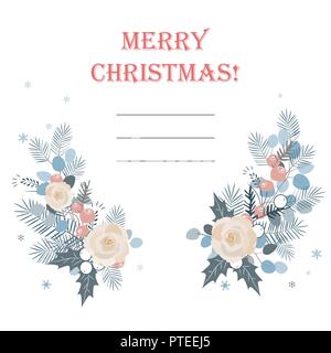 Telaio di Natale fatto di rami di abete, rose e bacche. Decorazione rustica elementi di telaio. Illustartion vettore Illustrazione Vettoriale