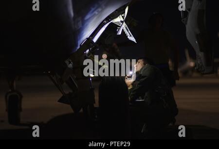 Stati Uniti Air Force Il Mag. Ryan Nickell, 95th Fighter Squadron, Tyndall Air Force Base Fla., pilota, esegue un controllo di preflight su di un F-22 Raptor di Red Flag 17-3 Luglio 10, 2017. Prima di effettuare qualsiasi getto lascia la Flightline, sia il capo equipaggio e pilota di eseguire un controllo completo del velivolo. Foto Stock