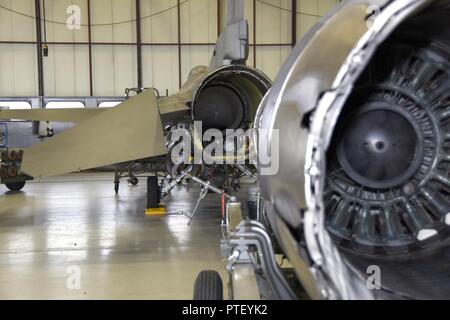 114Manutenzione aeromobili squadrone negozio motore aviatori Line up un motore per reinstallare nella parte posteriore di un F-16 a Joe Foss Campo 18 luglio 2017. Ogni aeromobile è richiesto di passare attraverso una fase di controllo ogni 400 ore di volo per assicurarsi che tutti i sistemi funzionino con aria in vigore regolamenti. Foto Stock