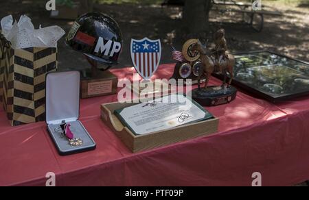 Il troncaggio di doni giaceva su un tavolo durante un picnic di congedo per Briga. Gen. Kelly Wakefield, il vice comandante generale (supporto) per il duecentesimo della polizia militare di comando, al Lago di burba Park a Fort Meade, Maryland, 16 luglio 2017. Wakefield è stato con il duecentesimo fin dal mese di agosto 2014 e dice i suoi momenti migliori sono stati spesi con i soldati del down-unità di traccia. Foto Stock