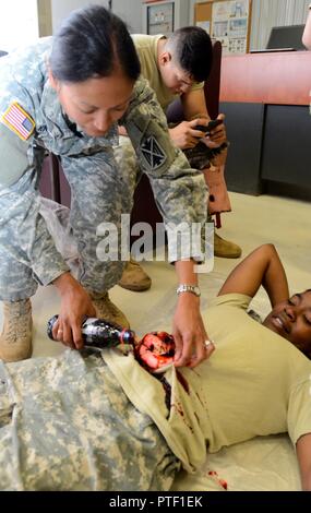 Il Mag. Jennifer Knox, il comando chirurgo per esercito10th aria e la difesa missilistica comando, utilizza acqua tinto per terminare il moulage su Pvt. Kadisha maggio, un paziente admin uno specialista con un trentesimo medico quartier generale di brigata e sede società fuori di Sembach Kaserne, Germania, durante la massa vittima la formazione medica Luglio 14, 2017 a Mihail Kogalniceanu Air Base, Romania, come parte dell'esercizio Saber del tutore 17. Saber Guardian è un U.S. Esercito Europa-led, esercizio di multinazionali che si estende attraverso la Bulgaria, l Ungheria e la Romania con più di 25.000 membri del servizio da 22 alleati e partner delle nazioni. Foto Stock