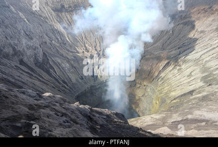 La più famosa attrazione turistica. vista dall'alto del Monte Bromo attivo cratere di vulcano in bromo Tengger Semeru National Park, Java Orientale, Indonesia. Foto Stock