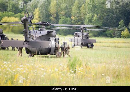 Ungherese macedone e di forze per le operazioni speciali bordo U.S. UH-60 Blackhawk elicotteri assegnati al decimo combattere la Brigata Aerea, decimo Montagna divisione, luglio 14 durante la fase di esercizio di cigno nero in Ungheria. Black Swan era un ungherese led di forze per le operazioni speciali esercizio dal 26 Giugno - Luglio 22, 2017 in posizioni attraverso la Bulgaria, l Ungheria e la Romania. L'esercizio abilitato ai partecipanti di provare e dimostrare l'integrazione tra le operazioni speciali e forze convenzionali per preparare il mondo reale e imprevisti inclusi i partecipanti provenienti da più di otto paesi. Inoltre è prevista la op Foto Stock