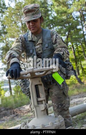 Stati Uniti La riserva di esercito Pvt. Diana Hernandez, un approvvigionamento di petrolio uno specialista con la 728th Quartermaster Company, Fremont, Neb., si chiude una valvola durante QLLEX 2017, 21 luglio a Fort Bragg, NC. QLLEX, corto per il Quartermaster Logistica liquido di esercizio, è l'U.S. La riserva di esercito del premier esercizio di preparazione per il carburante e la distribuzione d'acqua. Questo anno di QLLEX non è solo una dimostrazione completa della capacità di combattere la prontezza e la letalità di America's Army riserva per mettere il combustibile e l'acqua in cui è più necessaria - per i veicoli e le mani della guerra-combattente e unità di manovra - ma anche ulteriore esercizio Foto Stock