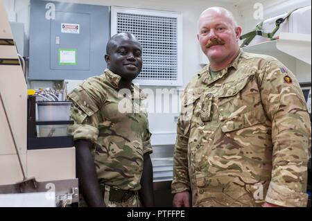 Esercito britannico logisticians Staff Sgt. Samuel Korankye, sinistra e Staff Sgt. Barry Langley, sia con la 152(nord irlandese), Reggimento Royal Logistica Corps, a Belfast, Irlanda del Nord, sono state attaccate la 53rd Quartermaster Azienda di Fort Hood in Texas, durante QLLEX 2017, 21 luglio a Fort Bragg, NC. Langley, nell'esercito britannico di riserva, e Korankye, in active esercito britannico, sono state lavorando con entrambi U.S. La riserva di esercito e esercito attivo logisticians durante il QLLEX. QLLEX, corto per il Quartermaster Logistica liquido di esercizio, è l'U.S. La riserva di esercito del premier esercizio di preparazione per il carburante e acqua Foto Stock