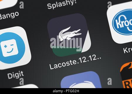 London, Regno Unito - 9 Ottobre 2018: Icona del mobile app Lacoste.12.12 Contatto da HP Inc. su un iPhone. Foto Stock