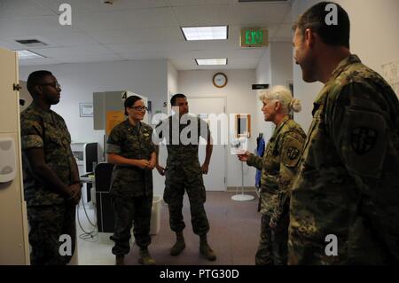 (Da sinistra a destra) Petty Officer di terza classe Anthony Adams, un campo medic; Lt. La Cmdr. Erin Millea, un dentista generale; e sottufficiali di prima classe Christopher McKeehan, un campo medic, condividono le loro esperienze di missione con il Mag. Gen. Maria Link, comandante generale per la riserva di esercito Comando medici e il Mag. John Longley, 7221st supporto medico della unità di ufficiale responsabile per il Round Valley Indian Health Service Readiness innovative di formazione missionaria. 12 U.S. La riserva di esercito di soldati sono impegnati a fianco dei tre marinai dal 4 Medical Bn., 4 Marine Logistics Group, U.S. Marine Corps forze di riserva nel pa Foto Stock