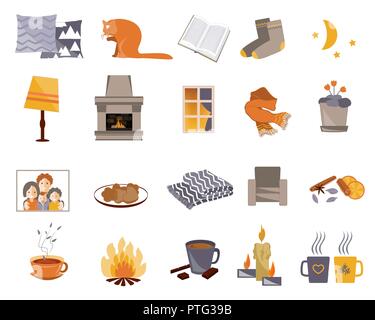 Tempo di Hygge. Vector piatto set di icone. Accogliente casa cose come candele, calze, rug, tè, camino, sedia, cat, cuscini, finestra incendio e altri. Ha danese Illustrazione Vettoriale