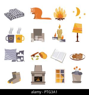 Tempo di Hygge. Vector piatto set di icone. Accogliente casa cose come candele, calze, rug, tè, camino, sedia, cat, cuscini, finestra incendio e altri hap danese Illustrazione Vettoriale