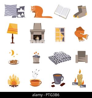 Tempo di Hygge. Vector piatto set di icone. Accogliente casa cose come candele, calze, rug, tè, camino, sedia, cat, cuscini, finestra incendio e altri hap danese Illustrazione Vettoriale