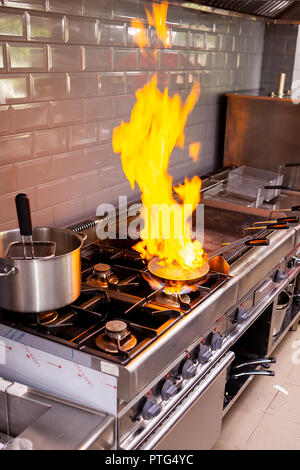 Lo Chef rendendo flambe fois gras in ristorante cucina Foto Stock