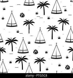 Teepee dei nativi americani tenda estate illustrazione nel vettore. Wigwams in palm jungle. Seamless pattern, in bianco e nero Illustrazione Vettoriale