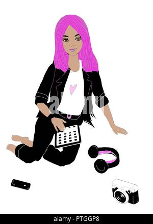 Moda asiatica o indian studente di scuola superiore con la tecnologia Foto Stock