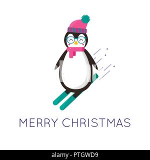 Merry Christmas greeting card, simpatici animali: penguin con hat, foulard, occhiali e sci. Uno stile piatto di icone per presenta, invito i bambini Illustrazione Vettoriale