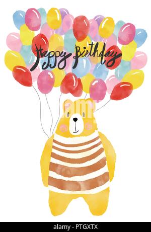 Acquerello happy birthday card, bear holding palloncini colorati Illustrazione Vettoriale