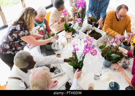 Active seniors godendo di decorazione floreale di classe Foto Stock