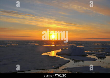 Panorama e aria solo su ghiaccio floes, la natura e il paesaggio antartico. Sunrise, giorno del tramonto. Foto Stock