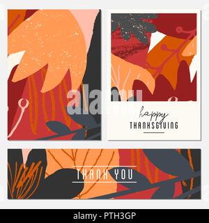 Un set di due biglietti di auguri e un banner per il giorno del Ringraziamento. Autunno design con forme astratte e foglie in arancione, grigio, rosa, rosso e marrone. Illustrazione Vettoriale
