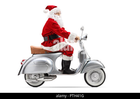 Babbo Natale a cavallo di un scooter retrò isolati su sfondo bianco Foto Stock