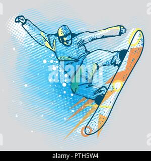 Snowboarder a saltare sulla grafica di sfondo, immagine vettoriale Illustrazione Vettoriale