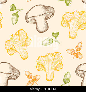 Autunno pattern senza soluzione di continuità con la foresta di funghi e ghiande. Mano sfondo disegnato in stile vintage. Foto Stock