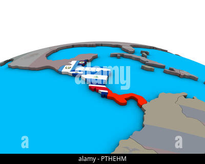 America centrale con embedded bandiere nazionali sulle politiche globo 3D. 3D'illustrazione. Foto Stock