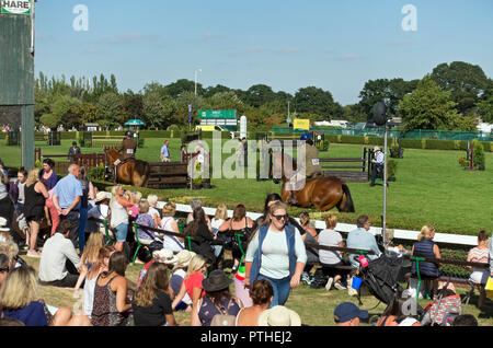 Le persone che guardano i cavalli saltano in spettacolo al Great Yorkshire Show in estate Harrogate North Yorkshire Inghilterra Regno Unito Gran Bretagna Foto Stock