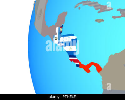 America centrale con embedded bandiere nazionali sul blu globo politico. 3D'illustrazione. Foto Stock