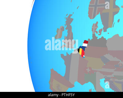 Unione Benelux con embedded bandiere nazionali sul blu globo politico. 3D'illustrazione. Foto Stock