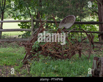 Rusty antiche attrezzature agricole con vitigni crescente attraverso di esso e un gruppo spintore a rampa dietro di esso. Foto Stock