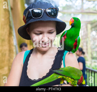 Felice giovane donna con pappagallo seduto sulla sua spalla. Animali esotici. Ritratto di giovane donna con svergognare e cordiale Monaco parrocchetto Foto Stock