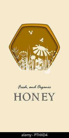 Elegante carta carta tagliata con api e doodle fiori. Floral illustrazione vettoriale. Prato piante silhouette bianca nel pettine di miele Illustrazione Vettoriale