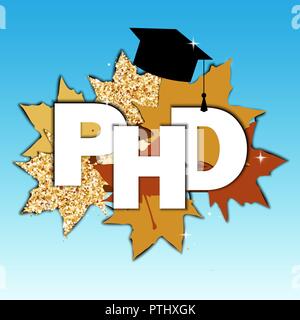 Dottore in filosofia il concetto di laurea. Dottorato di ricerca testo, laureato hat, e foglie di acero composizione. Illustrazione Vettoriale Illustrazione Vettoriale