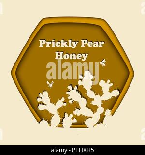 Il miele delle api battenti vicino Ficodindia Cactus Silhouette. Carta elegante telaio di taglio con api e doodle cactus. Floral illustrazione vettoriale. Illustrazione Vettoriale