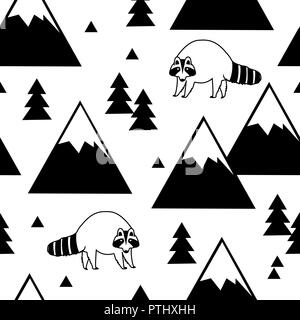 In bianco e nero senza saldatura pattern di un procione, montagne e foreste. Illustrazione Vettoriale Illustrazione Vettoriale