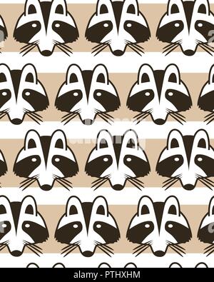 Seamless striped background con raccoon museruola. Cartoon carino raccon facce dello sfondo. Illustrazione Vettoriale Illustrazione Vettoriale