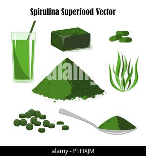 Spirulina impianto, polveri, pillole, capsule, congelati cubo e frullati. Illustrazione Vettoriale set di alghe e medicina farmaco isolato su bianco backgroun Illustrazione Vettoriale