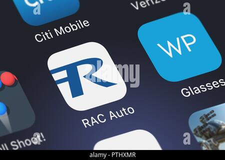 London, Regno Unito - 9 Ottobre 2018: screenshot di BBT è mobile app RAC Auto. Foto Stock