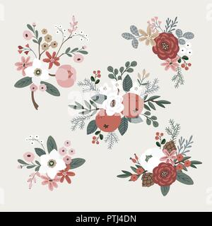 Set di disegnato a mano bouquet invernale fatta di evergreen rami, foglie, frutti di bosco e frutta e fiori, Natale composizione floreale. Vettore isolato oggetto Illustrazione Vettoriale