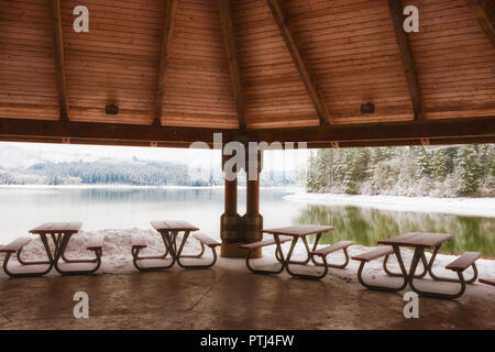 Guardando fuori da sotto un padiglione presso il paesaggio invernale presso la Oregon della contea di Washington Henry Hagg Park. Foto Stock