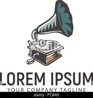 Fonografo retrò disegnati a mano logo design modello di concetto Illustrazione Vettoriale