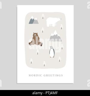 Carino Merry Christmas greeting card, invito con orso, orso polare, penguin, abeti e montagne. Disegnata a mano kids design nordico, vettore illustra Illustrazione Vettoriale