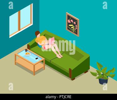 Una ragazza in camera a lavorare con il computer portatile. La ragazza sul lettino è isometrico. Illustrazione Vettoriale