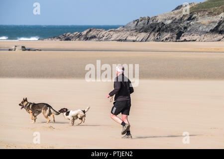 Un uomo che corre con i suoi cani su Crantock Beach in Newquay in Cornovaglia. Foto Stock