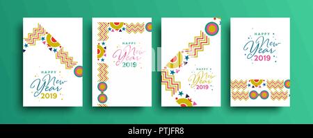 Felice Anno Nuovo 2019 holiday greeting card insieme di modelli. Divertimento boho tribali decorazione con stella colorata ornamenti e forme geometriche in Colori festosi Illustrazione Vettoriale