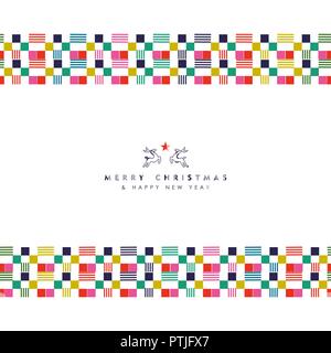 Buon Natale e Felice Anno Nuovo messaggio di saluto festivo illustrazione della scheda. Abstract decorazione di stile con bordo colorato forme geometriche in festosa colo Illustrazione Vettoriale